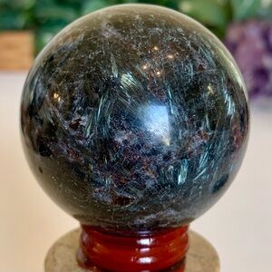Blue Flash Arfvedsonite Sphere Astrophyllite Garnet Crystal Ball Wood Stand 2.1